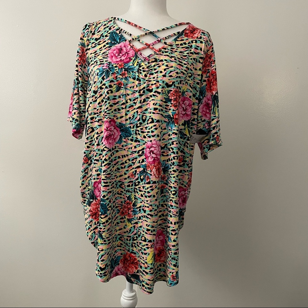 Floral Leopard Super Soft V-Neck Strappy Tunic - Picture 1 of 7